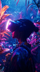 Fototapeta premium Exploring virtual reality unveils a world of imagination and wonder. The vibrant colors and lush plants create an immersive experience. Generative AI