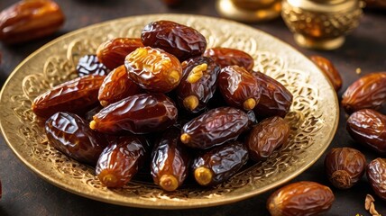 A vibrant plate of assorted dates, including Medjool and Deglet Noor, artistically displayed with a sprinkle of nuts and a touch of honey