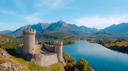 Naklejka premium Mountain Castle by Lakeside