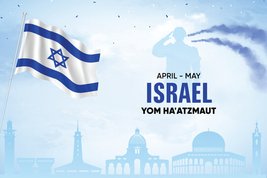 Israel Flag Waving On Skyline Background. Independence Day Concept Design Vector Illustration.