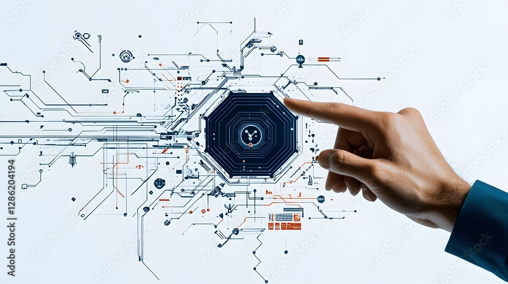 Poster hand touching digital circuit with technology and data visualization