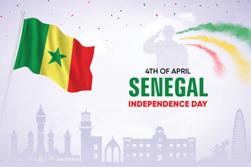 Senegal Flag Waving On Skyline Background. Independence Day Concept Design Vector Illustration.
