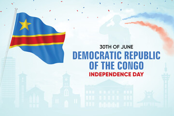 Fototapeta premium Democratic Republic of Congo Flag Waving On Skyline Background. Independence Day Concept Design Vector Illustration.