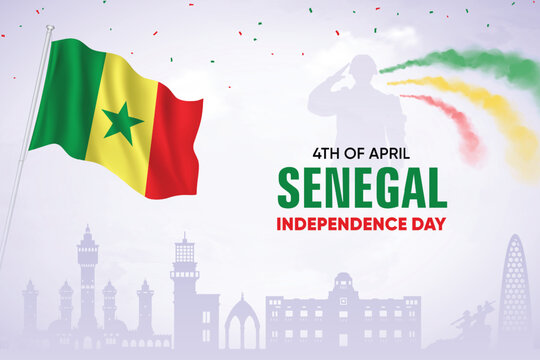 Senegal Flag Waving On Skyline Background. Independence Day Concept Design Vector Illustration.