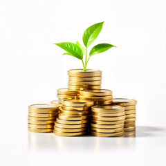 Growth & Prosperity: A seedling sprouts from stacks of gold coins, symbolizing investment and financial growth.