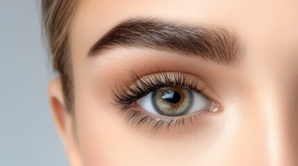 Fototapeta premium Extreme close-up macro shot of a woman's well-defined brown eyebrow, where a miniature blond cosmetologist in a beige spa uniform stands on a small white wooden ladder, precisely dyeing the 