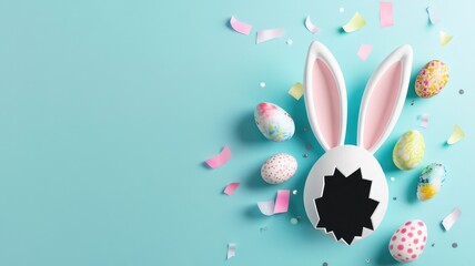 Obraz premium Easter Banner with White Bunny Ears and Pastel Eggs Embellishment - 3D Rendered Illustration, High Resolution, Professional Color Correction