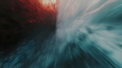 Crimson and turquoise underwater abstract with cinematic motion blur depth of field and shimmering light rays at sunset  Minimalist dreamlike and textured aquatic surface with a serene