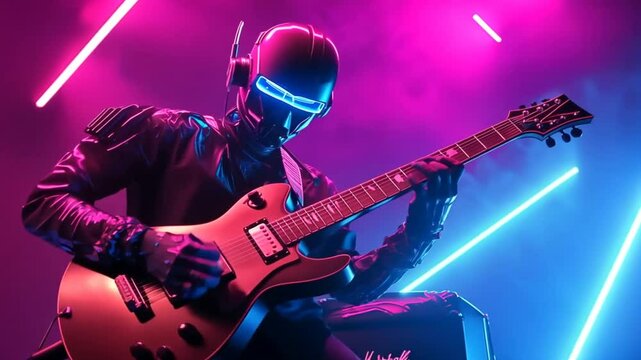 A cyborg playing a guitar in a futuristic neon-lit environment, digital artwork.