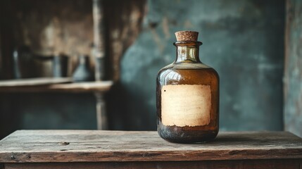 Old glass jar with faded paper labels, placed on a rustic wooden table 