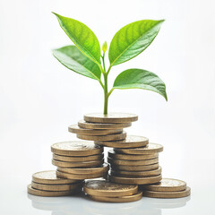 Growing Money: A Sprout Emerges from a Stack of Coins, Symbolizing Financial Growth and Future Prosperity.