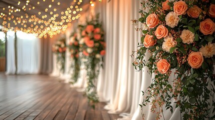 Elegant Wedding Venue Decor Peach Roses String Lights