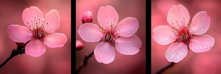 Pink blossoms triplicate image, showcasing delicate petals and vibrant color.
