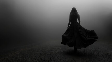 Naklejka premium Mysterious silhouette of a woman in a flowing dress walking through a foggy landscape
