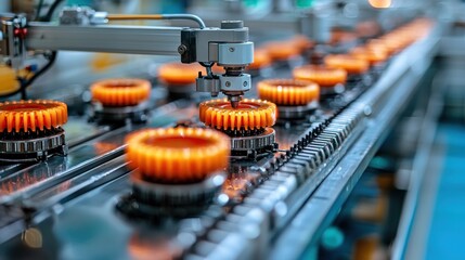 Robotic Arm Assembling Orange Gears on Assembly Line in Factory