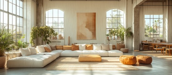 Bright, modern, open-plan living area with sectional sofa.