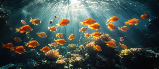 Naklejka premium Sunlight Streams Through Coral Reef, Fish Schooling.
