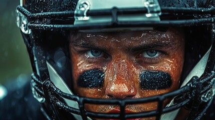 Determined Football Player In Rain Covered Helmet