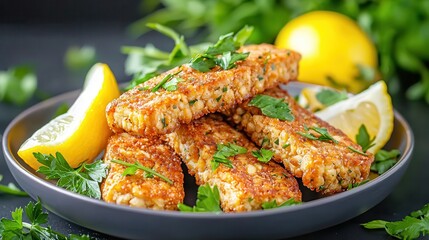 Fototapeta premium Vegan tempeh dishes offer a nutritious and delicious plant-based option. Crispy fish fillets garnished with lemon and herbs on a plate.