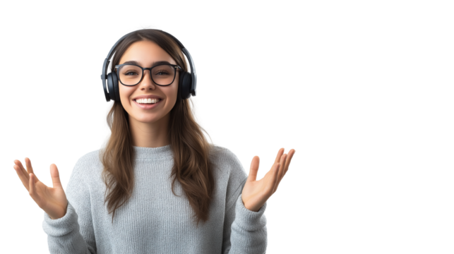 Online tutor wearing a headset, modern and tech-savvy, warm and encouraging facial expression, isolated on a white background - Powered by Adobe