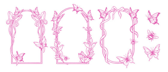 Spring frame set, vector hand drawn line butterfly border wedding doodle collection, floral graphic. Pink aesthetic romantic invitation print, elegant ribbon bow arch. Spring frame greeting design
