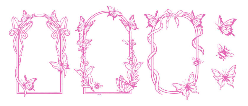 Spring frame set, vector hand drawn line butterfly border wedding doodle collection, floral graphic. Pink aesthetic romantic invitation print, elegant ribbon bow arch. Spring frame greeting design