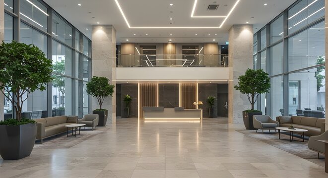 Piso de m&aacute;rmol resplandeciente en el moderno vest&iacute;bulo comercial | Azulejos limpios y brillantes para interiores de oficinas y pasillos: IA generativa

