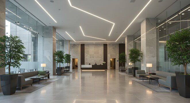 Piso de m&aacute;rmol resplandeciente en el moderno vest&iacute;bulo comercial | Azulejos limpios y brillantes para interiores de oficinas y pasillos: IA generativa
