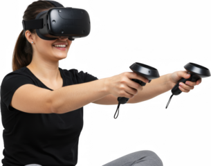 Woman Using VR Headset and Controllers Immersive Virtual Reality Experience