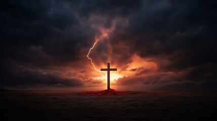 Naklejka premium dramatic scene featuring cross illuminated by lightning against dark, stormy sky. atmosphere evokes sense of awe and reverence, with deep shadows and vibrant colors