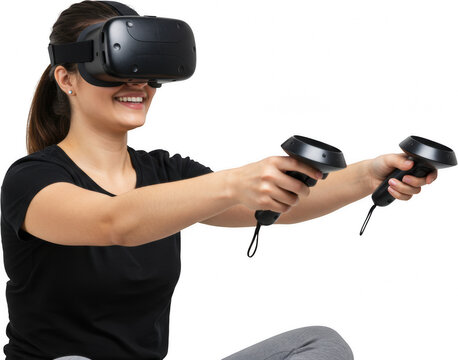 Woman Using VR Headset and Controllers Immersive Virtual Reality Experience