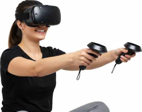 Woman Using VR Headset and Controllers Immersive Virtual Reality Experience