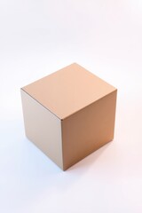 A solitary closed corrugated fiberboard box sits in a bright, stark white setting.