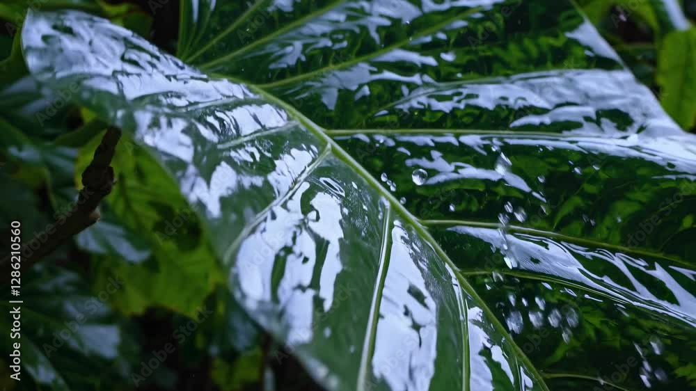 Poster Water droplets splash on a large green leaf in a lush forest setting while sunlight filters through the canopy