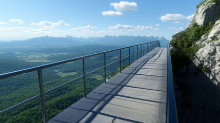 Obraz premium breathtaking walkway suspended at edge of mountain, offering stunning views of valley and distant peaks. clear blue sky enhances serene atmosphere