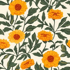 Seamless Pattern Bright Orange Flowers Green Leaves Cream Background