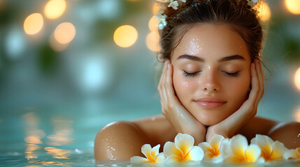 Serene spa portrait of a woman relaxing in water, luxury spa, golden warm, peaceful, ethereal