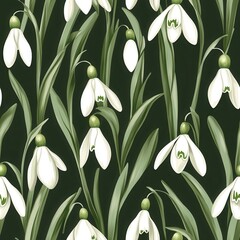 Obraz premium Seamless Pattern of White Snowdrop Flowers and Green Leaves on Dark Background