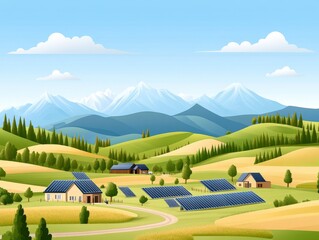 Picturesque countryside landscape with rolling green hills winding river and distant mountains under bright blue sky in peaceful nature scenery rural tranquility and travel destination concept