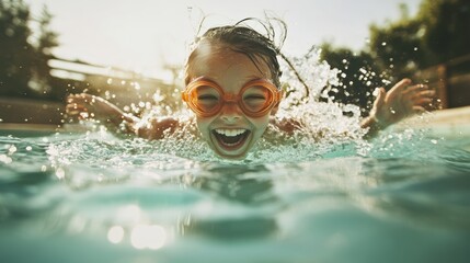 youn girl leaping into a swimming pool jump swimming, fun summer with family at home spa or resort