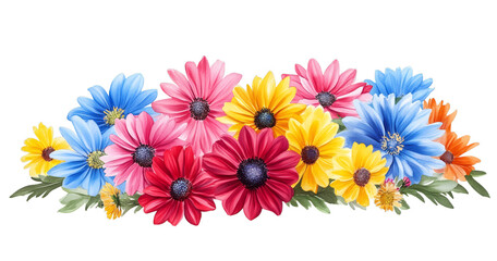 Vibrant bouquet of multicolored flowers with greenery on transparent background