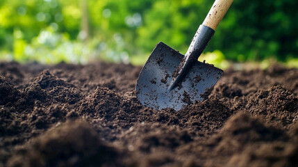 Gardening activity with a shovel digging into rich soil on a sunny day in a lush backyard