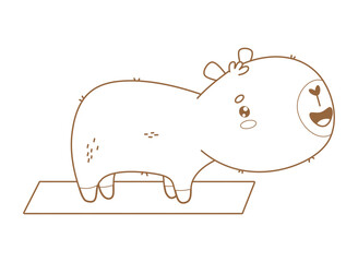 Outline Happy Capybara After Fitness Standing on Yoga Mat. Funny kawaii Animal sportsman. Line drawing, coloring book. Vector illustration. Kids collection