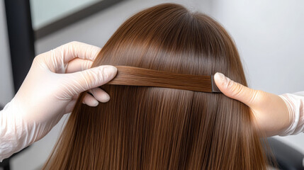 Naklejka premium close up shot of person styling long, shiny brown hair with comb, showcasing professional hair care process. focus is on smooth texture and healthy appearance of hair