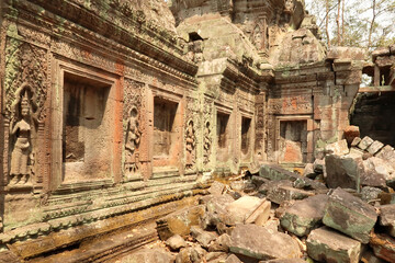 Fototapeta premium Inside the Ta Prohm Temple, apsaras are carved into a wall covered with red and green moss, lichens, next to big stones, bricks, Angkor Wat, Siem Reap, Cambodia