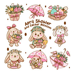 Cute april shower and easter blossom elements isolated on white background.
Vector illustration.