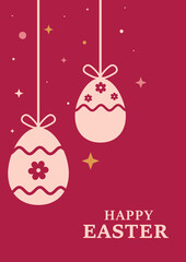 Hanging Easter eggs on red background.