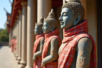 A temple&rsquo;s guardian statues, adorned with checkered cloth, standing solemnly under the midday sun.