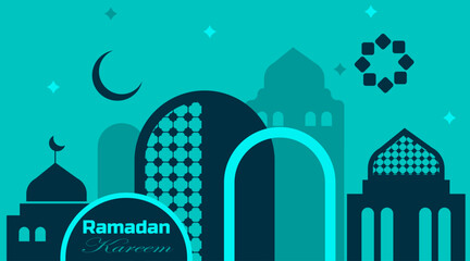 Fototapeta premium Ramadan Kareem. Islamic greeting card template. Poster, media banner. A set of vector illustrations. Abstract modern background with moon, star, pattern with teal color