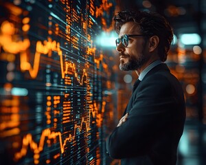 Confident Business Leader Analyzing Upward Market Trends on Digital Dashboard